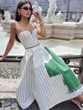 Zara Striped Midi ZW Collection Skirt with Green Paint Detail (Small)